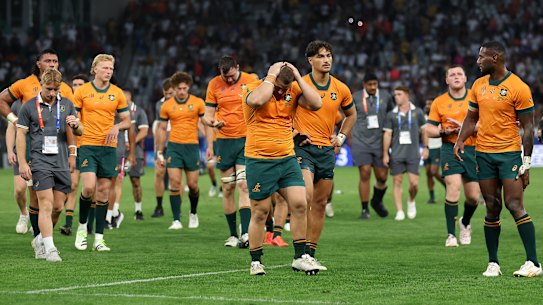 The Wallabies were dejected after losing to Fiji in Saint-Etienne.