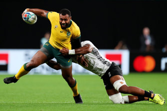 Kerevi is tackled by Dominiko Waqaniburotu during Australiaâs World Cup win over Fiji.