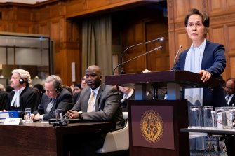 Aung San Suu Kyi defends her country against accusations of the Rohingya genocide at the top UN court in the Hague in the Netherlands on December 11, 2019.  