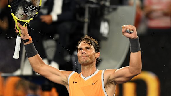 Rafael Nadal celebrates his victory over Alex de Minaur.