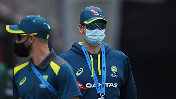 Steve Smith of Australia is seen wearing a face mask in the 2020 series.