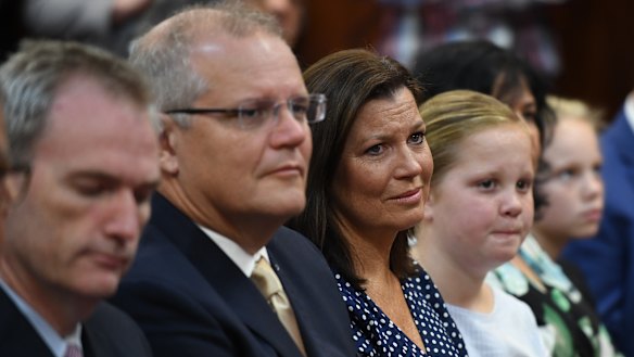 Scott Morrison at a Coptic church service on Sunday. He says love will defeat the division right-wing extremists seek to provoke