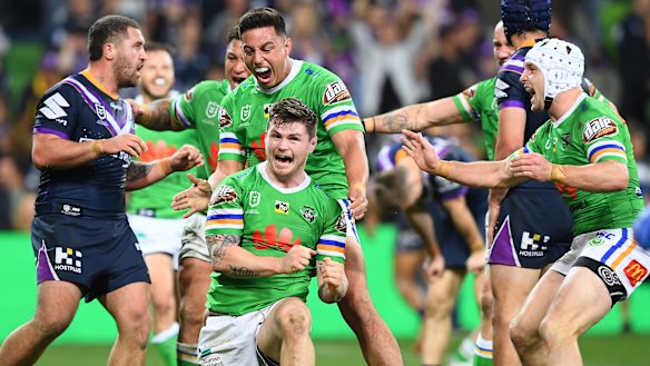 Upset: John Bateman crosses to give Canberra the lead with only minutes to play.