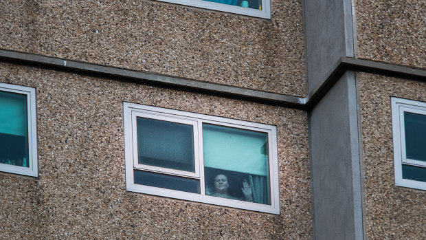 The lockdown scene at the public housing  towers in Flemington earlier this year.