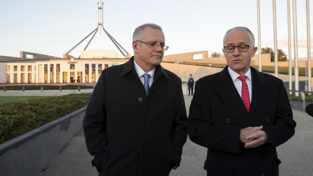 Scott Morrison and Malcolm Turnbull outside Parliament House the day after the 2018 budget.