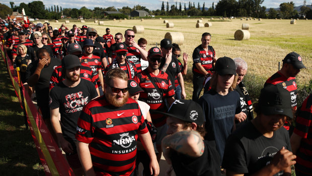 Sydney and the bush: Wanderers fans file in towards Glen Willow Stadium.