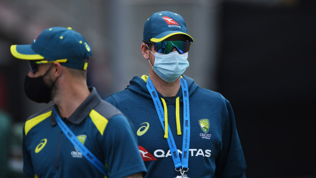 Steve Smith of Australia is seen wearing a face mask in the 2020 series.