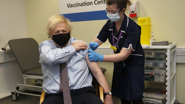 British Prime Minister Boris Johnson receives the AstraZeneca vaccine in March.