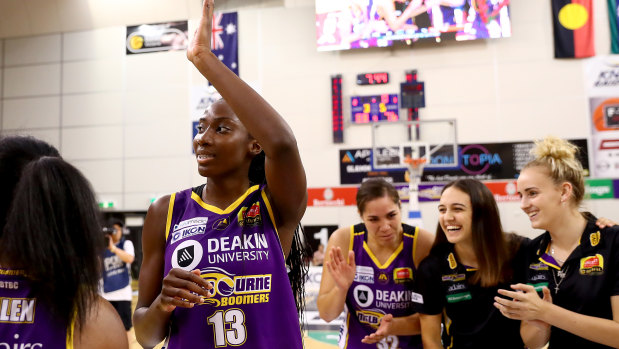 Crowd favourite: Ezi Magbegor celebrates after the Boomers' win over Canberra.
