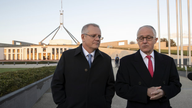 Scott Morrison and Malcolm Turnbull outside Parliament House earlier this year. 