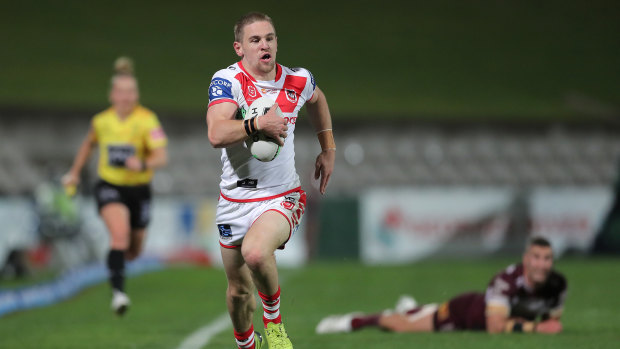 Matt Dufty streaks away to score in St George Illawarra's win over Manly.