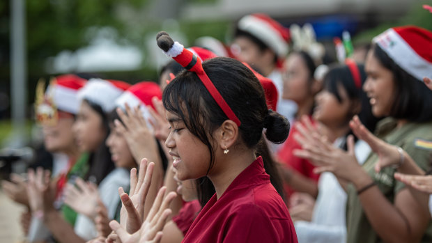Members of the Depok Sunday School Children’s Choir from the Toraja Church perform in Jakarta.