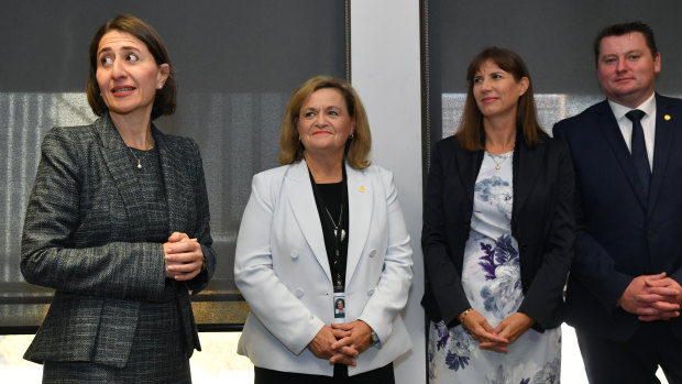 NSW Premier Gladys Berejiklian introduces new members during a joint party room meeting ahead of the commencement of NSW Parliament sitting on Tuesday.