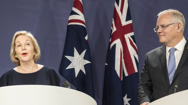 Prime Minister Scott Morrison (right) announces Ita Buttrose as ABC chairwoman on Thursday.