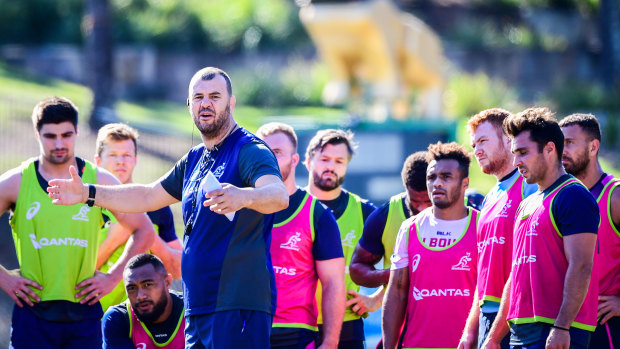 Wallabies coach Michael Cheika speaks to his players at a camp in Brisbane in 2019. 
