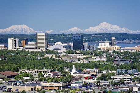 Anchorage and the mountains beyond.