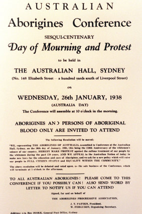 A flyer advertising the 1938 Day of Mourning at the old Australian Hall - Australia's first civil rights protest.