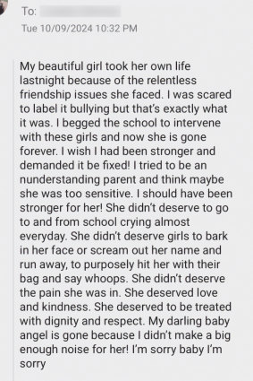 The message sent by Charlotte’s mother to the school after her daughter’s death. 