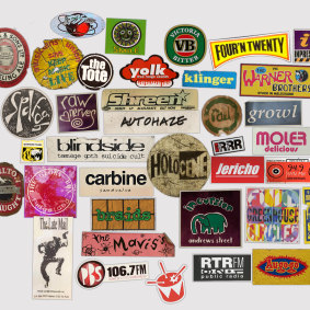 Stickers collected from Australia's independent music scene in the 1990s.