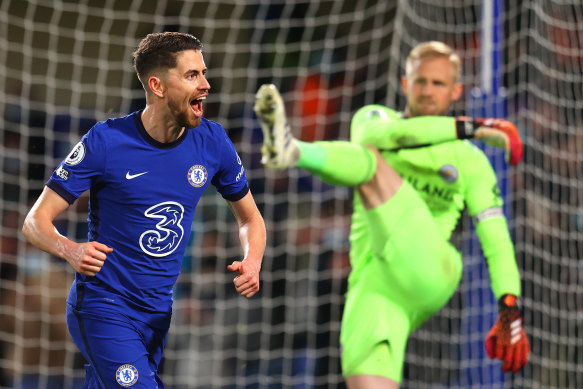 Jorginho celebrates scoring Chelsea’s second goal in the 2-1 win over Leicester at Stamford Bridge.