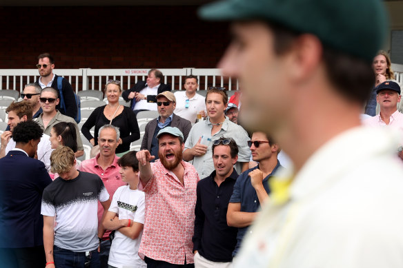 Australian captain Pat Cummins looks on as fans have their say at Lord’s.