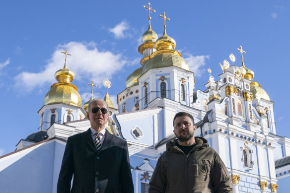 US President Joe Biden walks with Ukrainian President Volodymyr Zelensky at St Michael’s Golden-Domed Cathedral on a surprise visit.