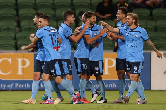 The Sky Blues celebrate Bobo’s equaliser just after the hour mark in Perth.