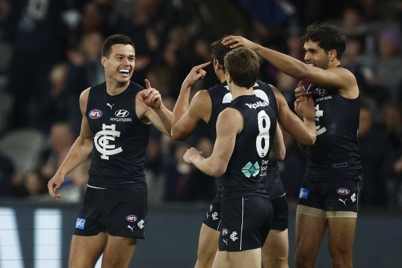 Jack Silvagni and teammates celebrate Carlton’s return to form, which was proven on Saturday by the big win over Port Adelaide.
