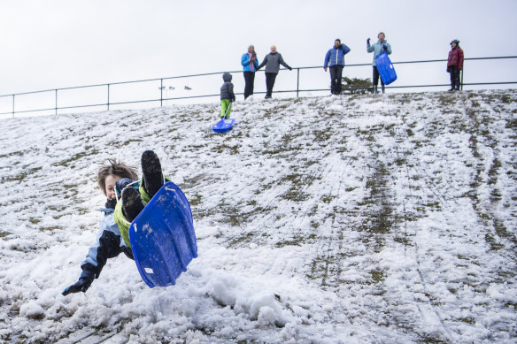 Snow falls at Blackheath oval in the Blue Mountains.