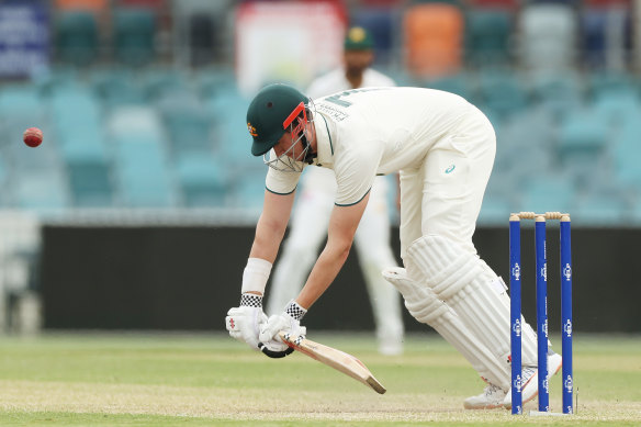 Matthew Renshaw of the Prime Ministers XI manages to dig out a yorker from Mir Hamza of Pakistan during day three of the Tour Match between PM’s XI and Pakistan at Manuka Oval on December 08, 2023 in Canberra, Australia. 