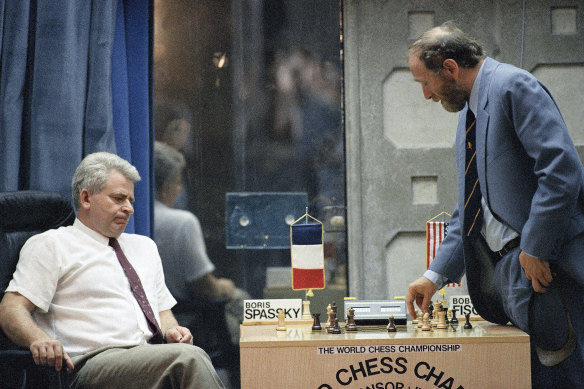 Boris Spassky and Bobby Fischer do battle in Yugoslavia in 1992.