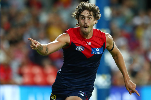 Luke Jackson celebrates a goal against the Suns in round two.