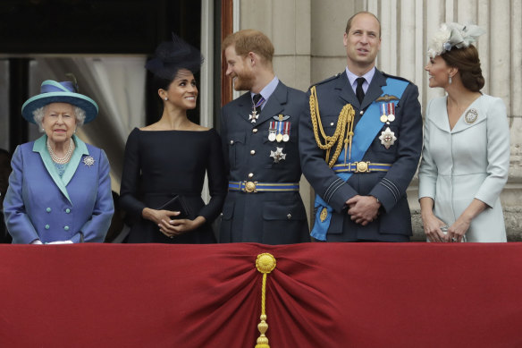 The Queen with Meghan, Harry, William and Catherine in July 2018. 