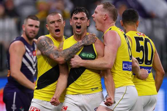 The Tigers celebrate a goal against Fremantle on Saturday.