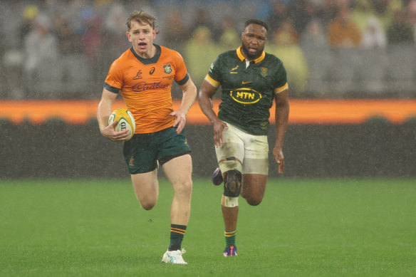 Max Jorgensen in open space in his Test debut against the Springboks in Perth.
