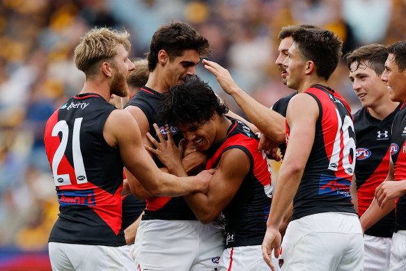 Alwyn Davey junior’s first goal was an early highlight on a memorable day for the Bombers against Hawthorn.