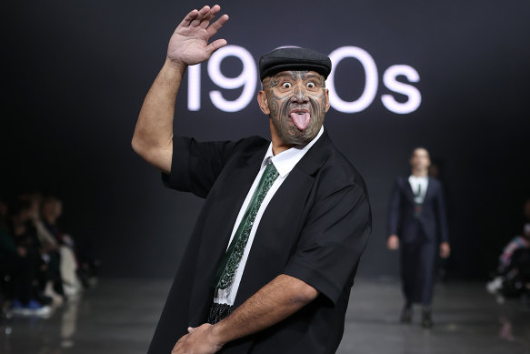 Rawiri Waititi walks the runway during the Kiri Nathan show during New Zealand Fashion Week 23 in AUckland last week.