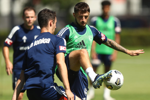 Jake Brimmer controls the ball during a Victory training session.