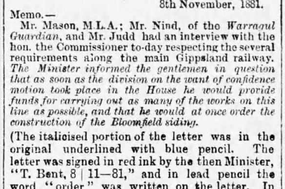 A report in The Age on May 9, 1894, quotes correspondence between Thomas Bent and fellow MP Francis Conway Mason.