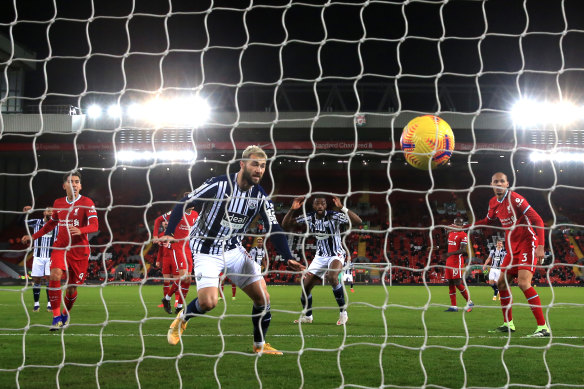 Semi Ajayi scores the equaliser for West Brom in a 1-1 draw at Anfield.