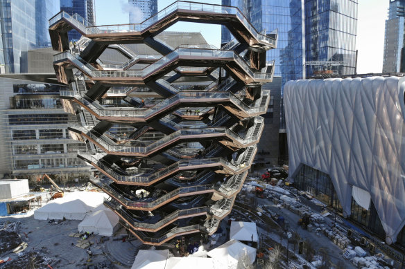 The Vessel, a structure of climbable interlocking staircases, is the centrepoint of the Hudson Yards redevelopment in New York.