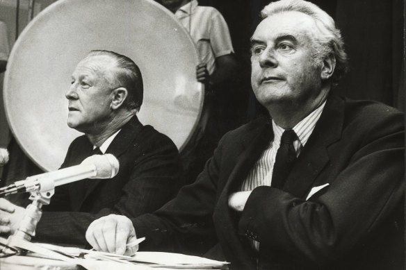 Gough Whitlam and Lance Barnard after they were sworn in to office in 1972.