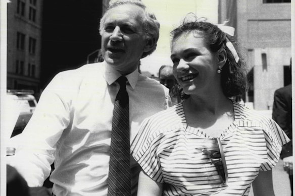 Campaigning with her father in 1984.