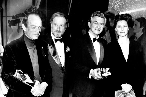 Adams, second from left, at the 1983 Australian Film Institute Awards in Sydney with Norman Kaye (Best Actor), Bob Hawke and Wendy Hughes (Best Actress).