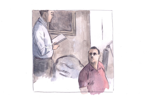 A sketch of Mr Edwards handcuffed and sitting against a wall in his Kewdale home as Detective Marrapodi places a search warrant into his lap. 