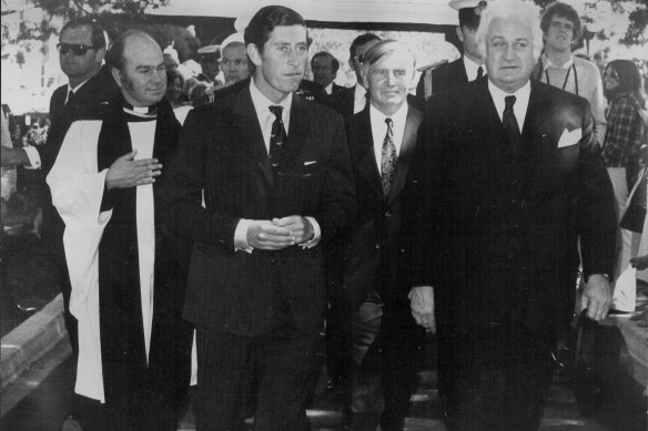Then-Prince Charles in 1974 with then-governor-general John Kerr, who, in 1975, infamously sacked the elected prime minister Gough Whitlam. Charles backed Kerr’s decision.