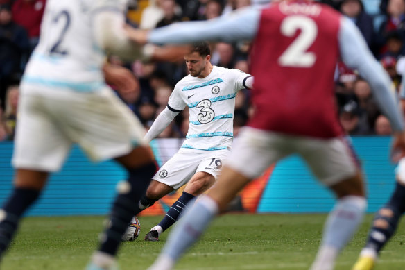 Mason Mount scores Chelsea’s second goal against Aston Villa at Villa Park on Sunday.