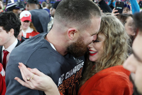 Travis Kelce and Taylor Swift at the AFC Championship Game on January 28, 2024.