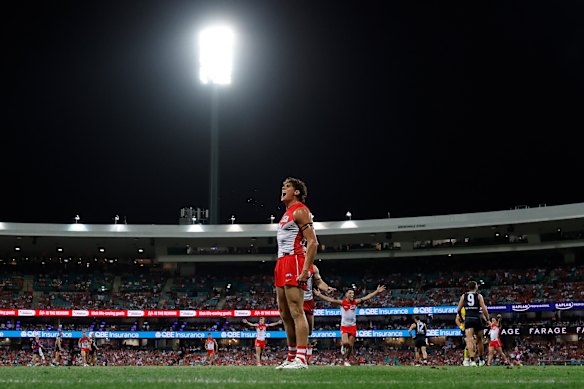 Charlie Curnow of the Swans celebrates a goal on Thursday night. 