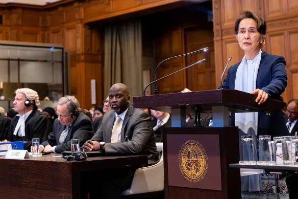 Aung San Suu Kyi defends her country against accusations of the Rohingya genocide at the top UN court in the Hague in the Netherlands on December 11, 2019.  